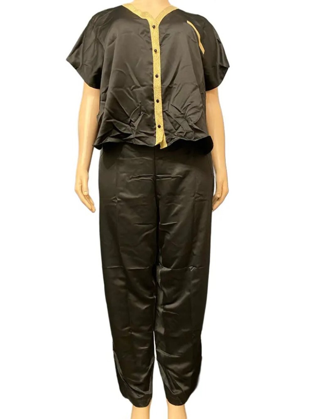 INC International Concepts Satin Pajama Set Black Gold Metallic Trim Plus Size